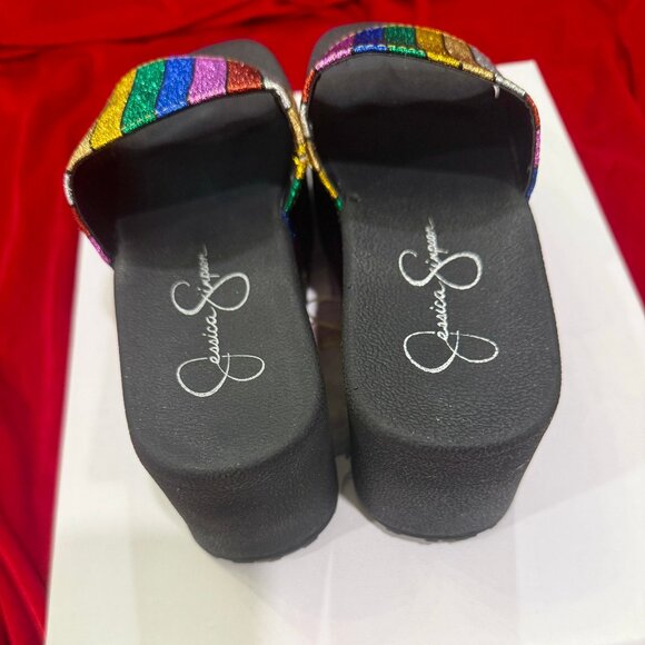 JESSICA SIMPSON MULTI RAINBOW METALLIC PLATFORM SANDALS SLIPPERS NEW WITH BOX 5 - Picture 3 of 9